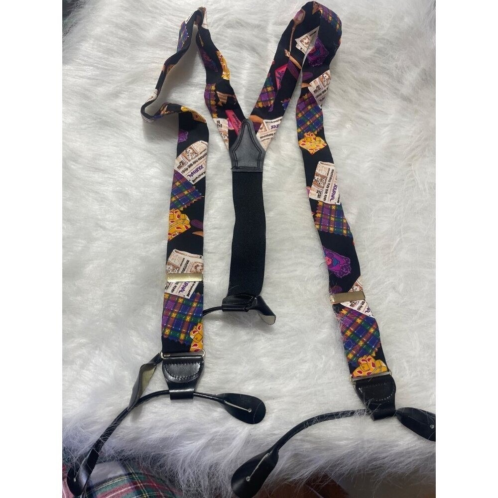 Vintage Novelty Print Suspenders With Newspaper & Plaid Design Made in Germany